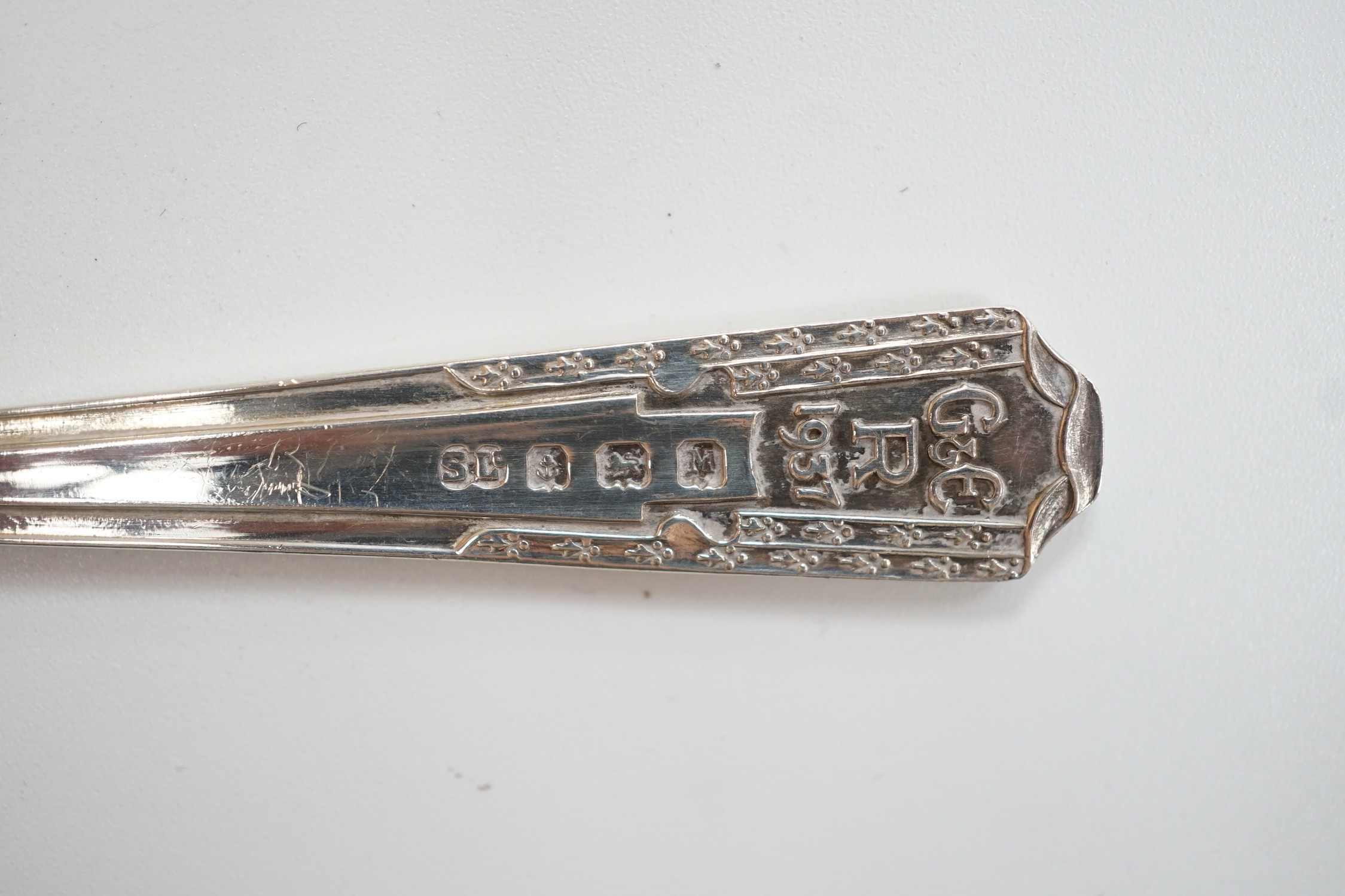 A quantity of assorted mainly 19th century silver flatware, various patterns, dates and makers, including a cased set of six 1937 Coronation silver teaspoons, four pairs of Georgian sugar tongs and a pair of Edwardian si